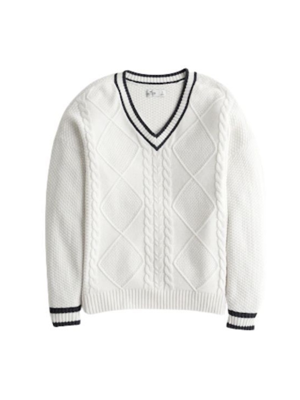NWT Hollister White Cable Knit V‑Neck Sweater with Navy Trim